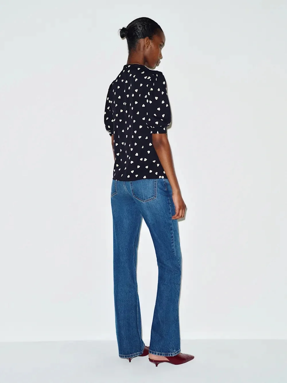 Reformation Joelle Top Black Heart-Print Tie-Neck Blouse